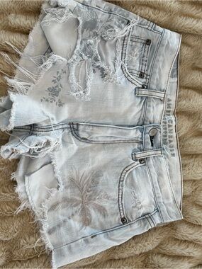 American Eagle Outfitters Pale Blue Distressed Palm-Print Jean Shorts